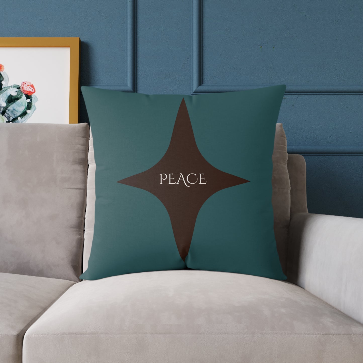 Peace Geometric Accent Pillow – Transformative Teal + Dark Cocoa