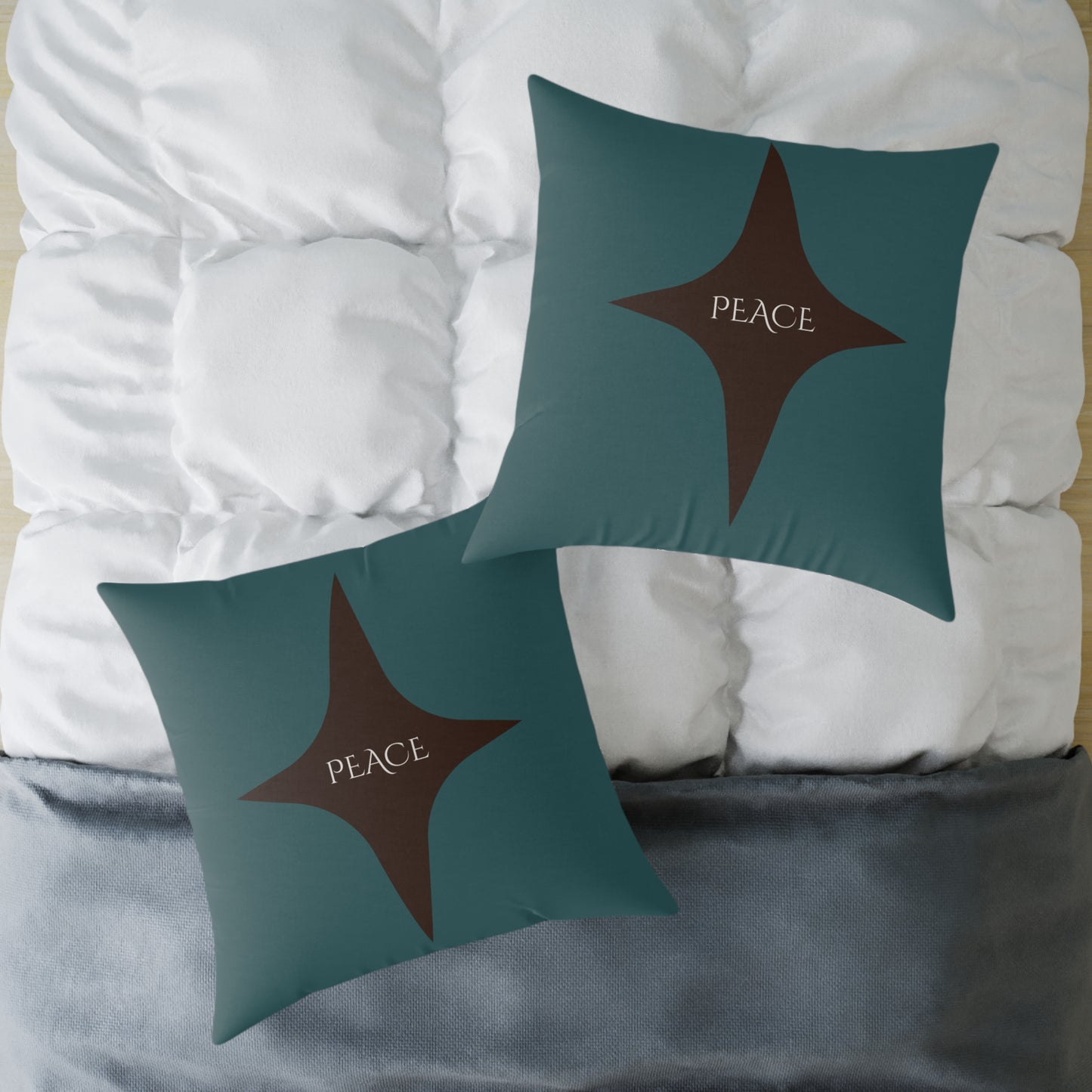 Peace Geometric Accent Pillow – Transformative Teal + Dark Cocoa