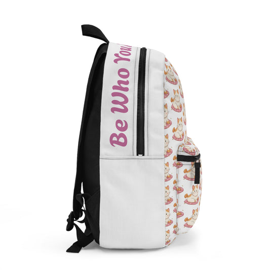 Backpack with floral design and 'Be Who You Are' text on a white background