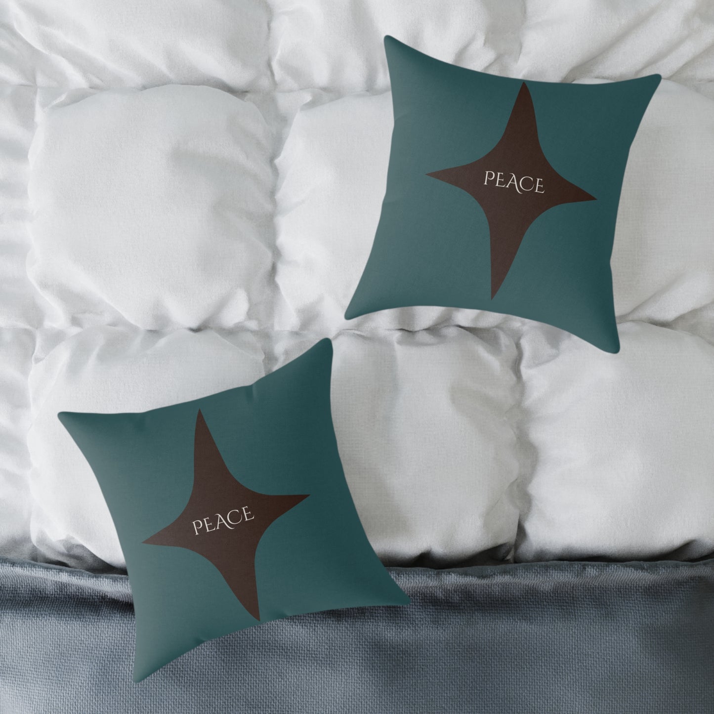 Peace Geometric Accent Pillow – Transformative Teal + Dark Cocoa