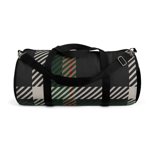 Duffle bag with black, green, and white plaid pattern on a white background