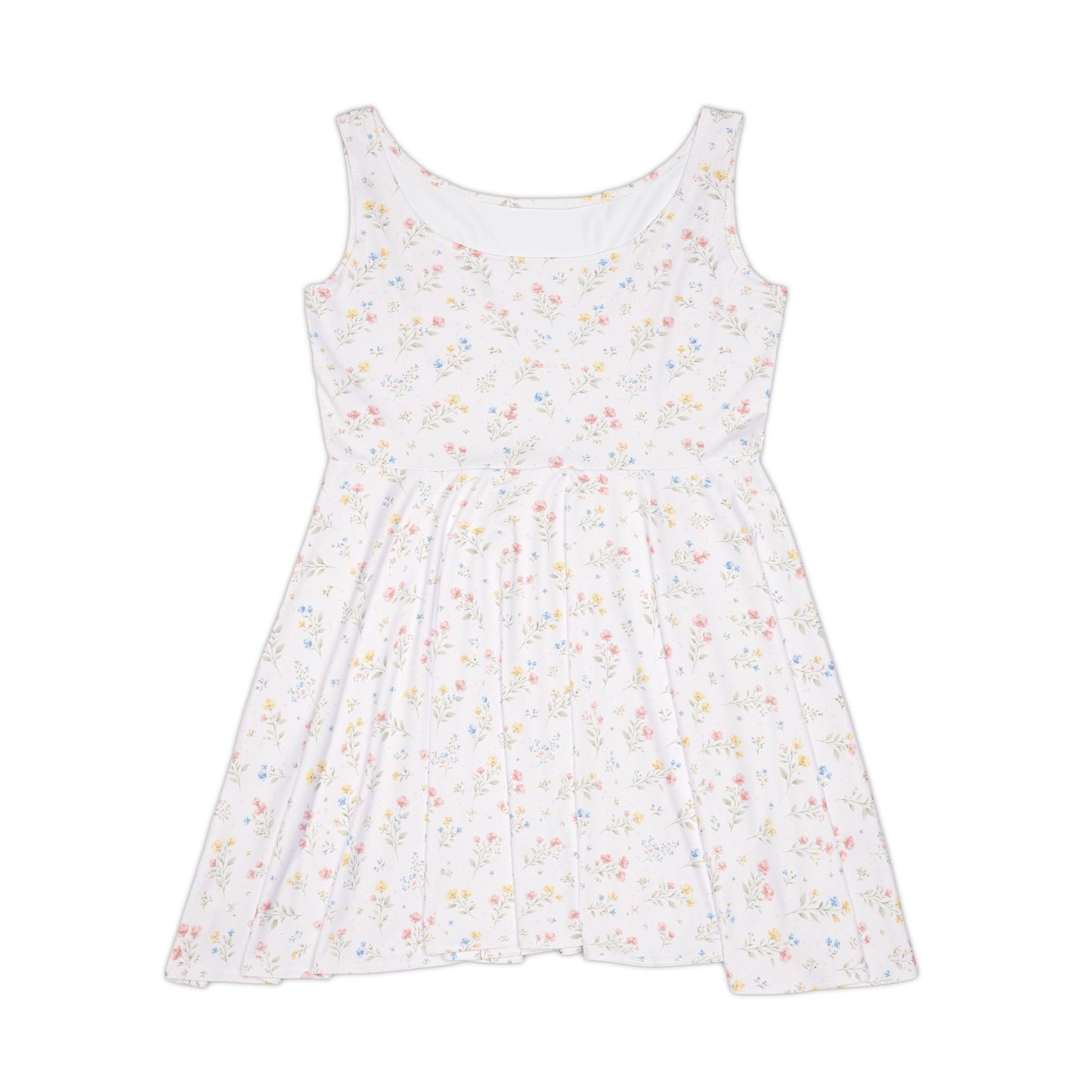 White sleeveless dress with small colorful floral pattern on a white background