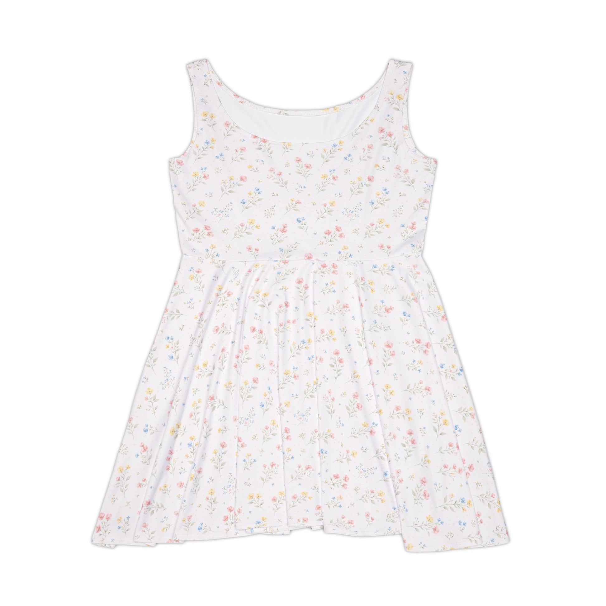 White sleeveless dress with small colorful floral pattern on a white background