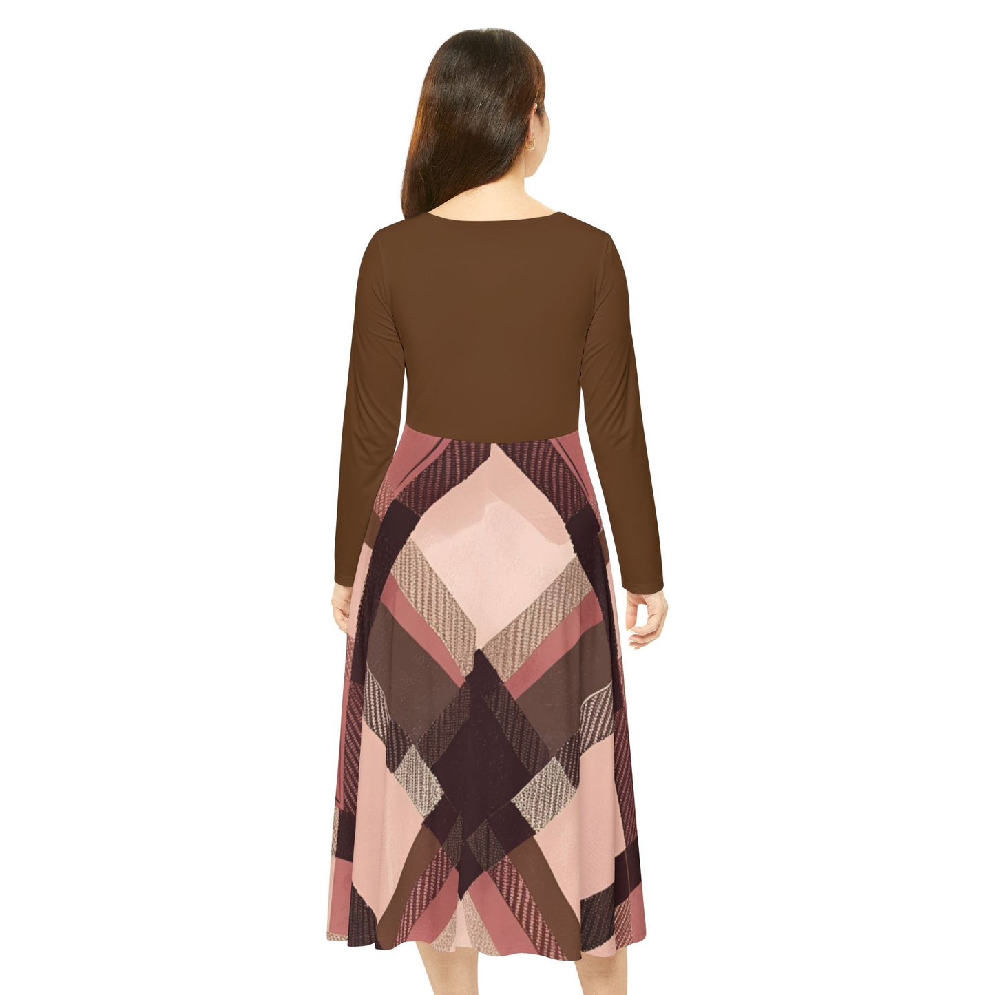 Harvest Harmony – Brown & Rose Plaid Panel Midi Dress