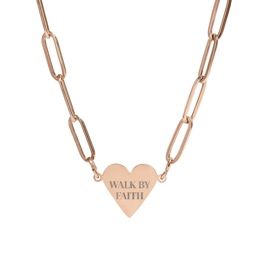 Walk by Faith Engraved Heart Necklace – Stainless Steel, Rose Gold PVD, or Gold PVD