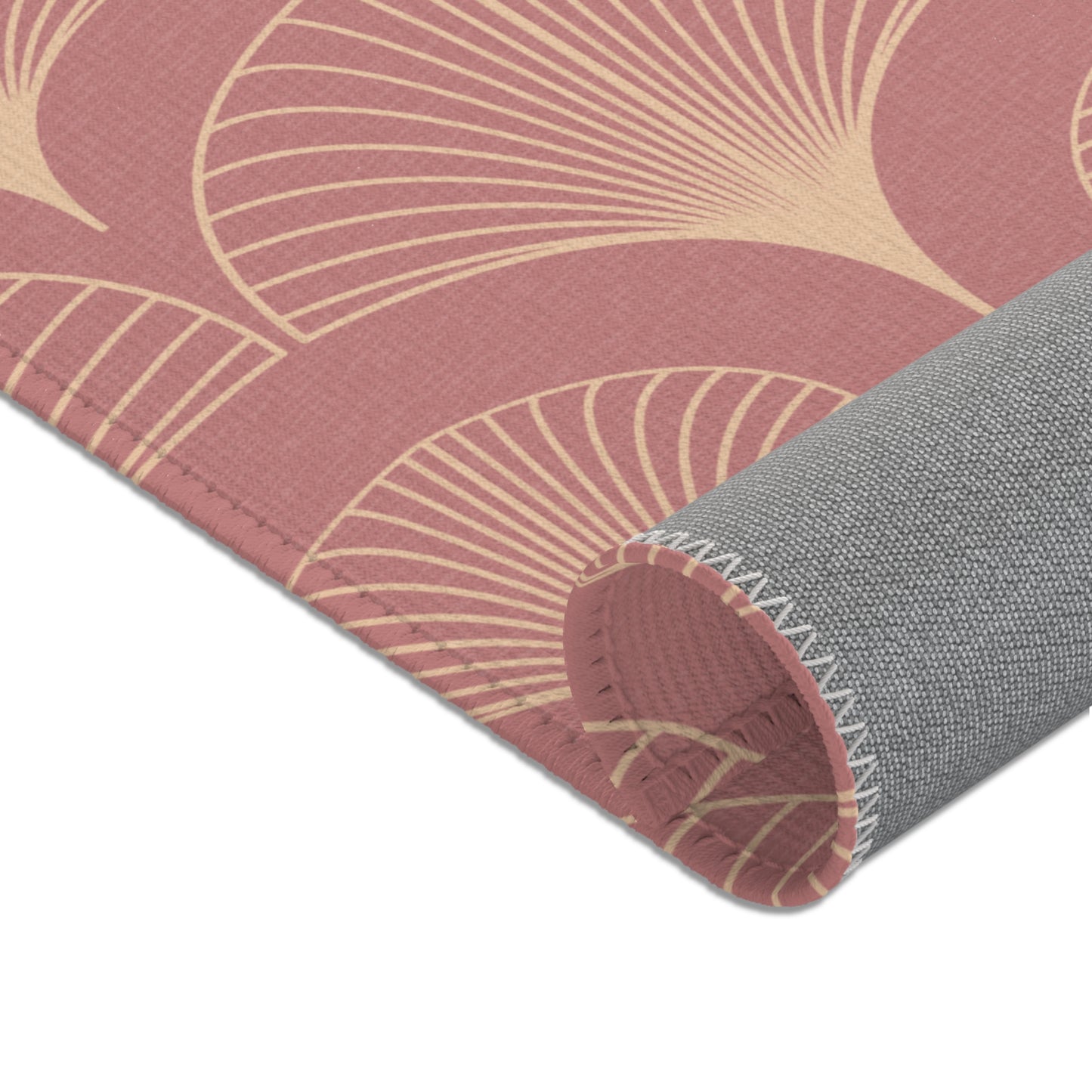Sanctified Shells Art Deco Rug – Champagne Gold on Muted Rose