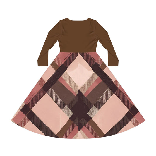 Harvest Harmony – Brown & Rose Plaid Panel Midi Dress