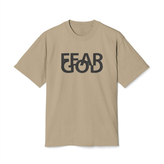 Beige t-shirt with 'FEAR GOD' text on a white background
