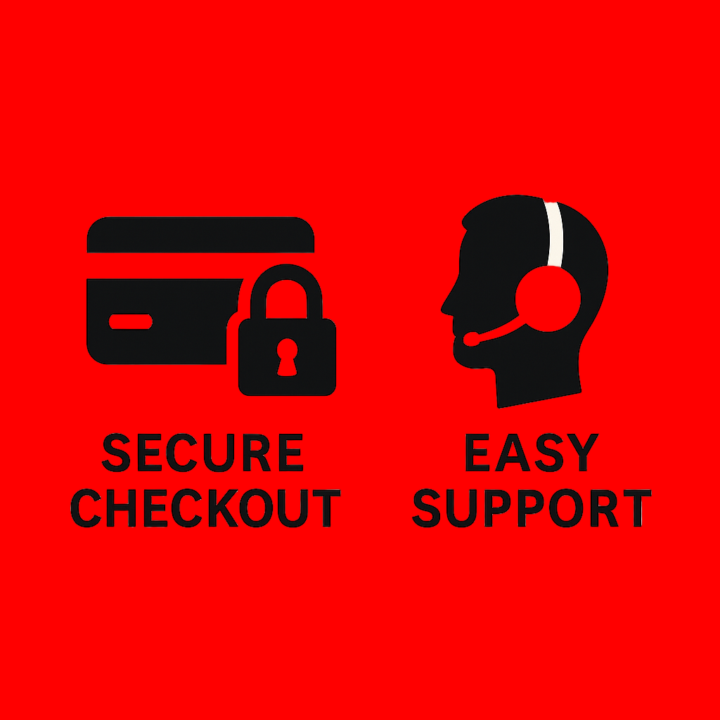 Icons and text for secure checkout and easy support on a beige background