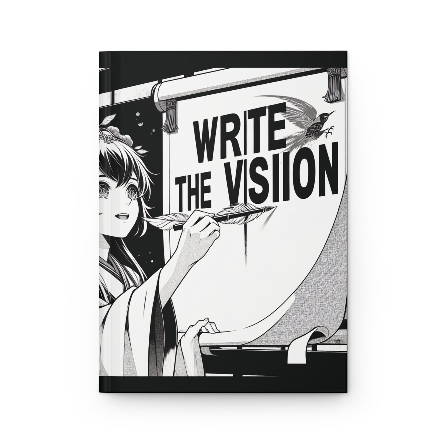 Book cover with an illustration of a person writing on a scroll with the text 'Write the Vision'.