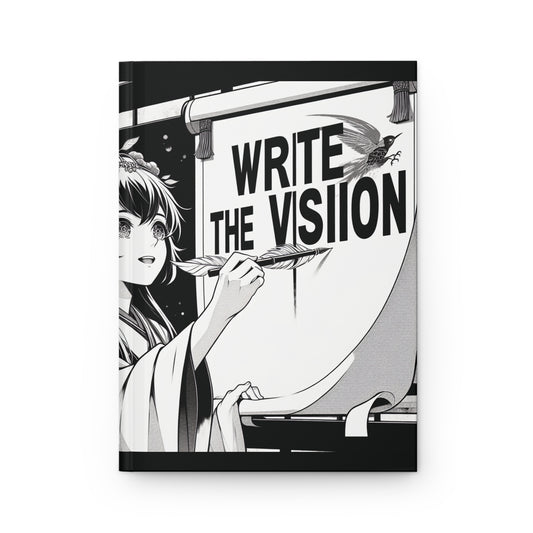 Book cover with an illustration of a person writing on a scroll with the text 'Write the Vision'.