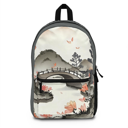 Backpack with a scenic design featuring a bridge and nature elements on a white background
