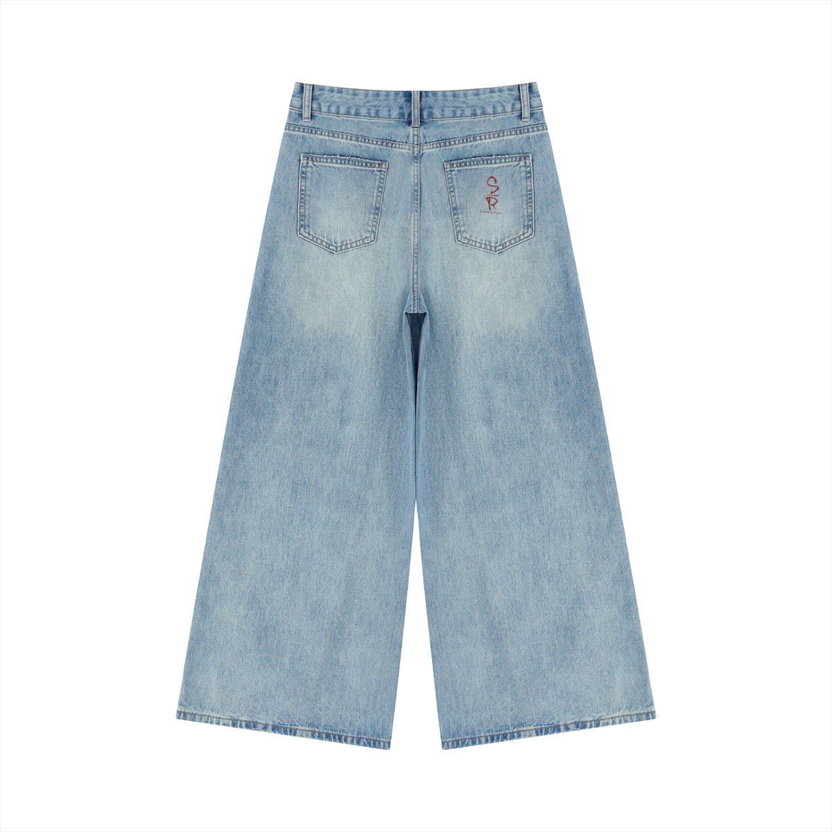 Light blue wide-leg denim jeans shown from the back, featuring a faded wash and a small embroidered logo on the right back pocket, set against a plain white background.