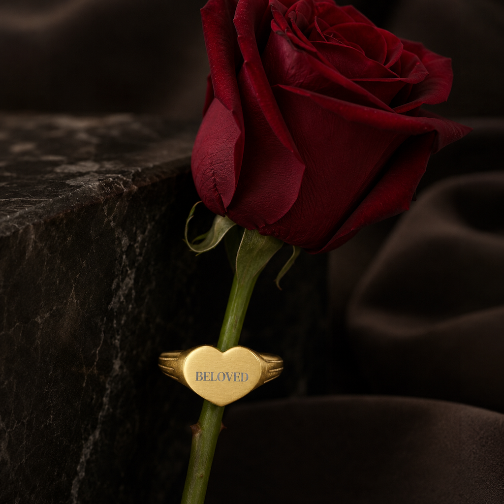 Beloved Engraved Heart Signet Ring – 18K Gold PVD
