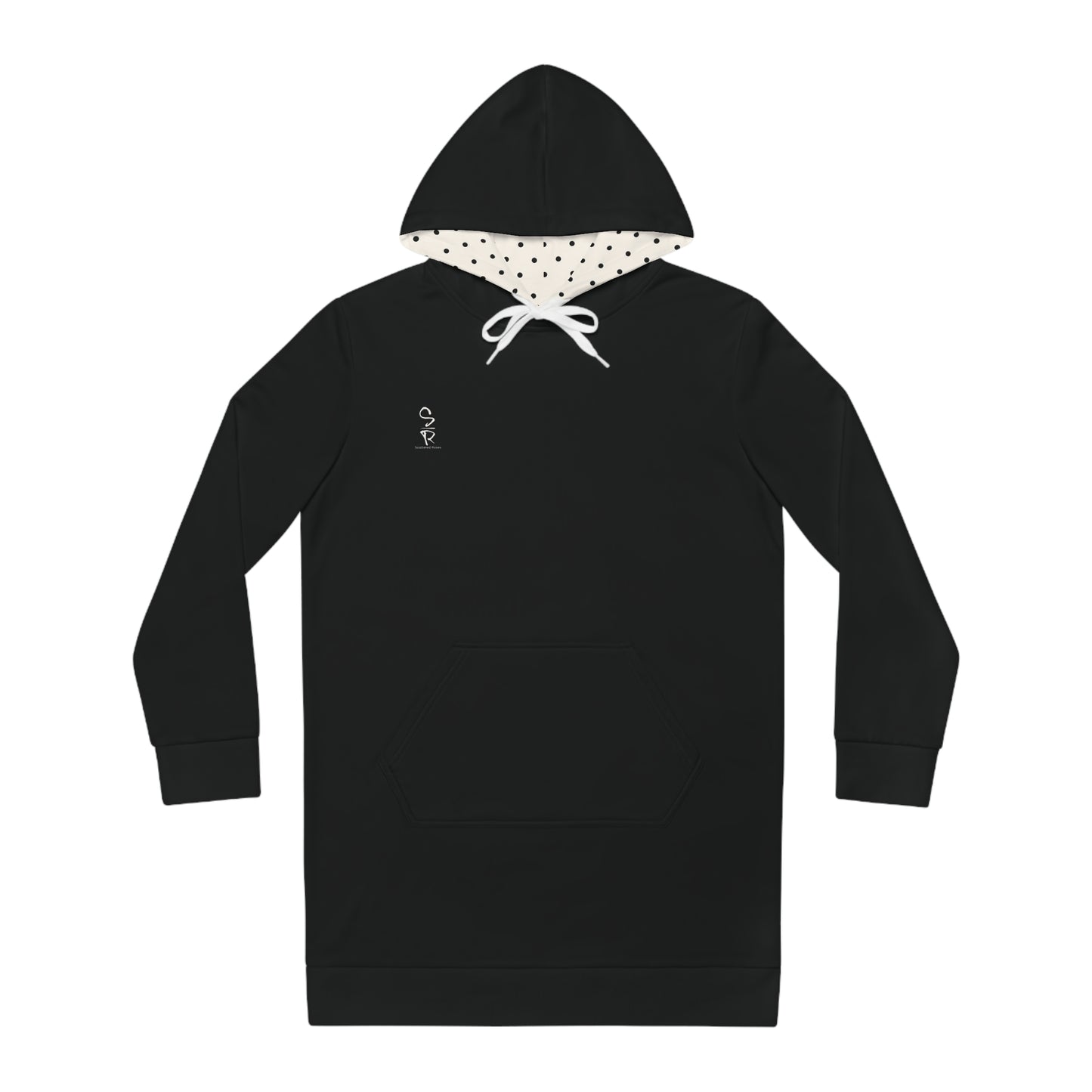 Black hoodie with a red and white graphic on a white background
