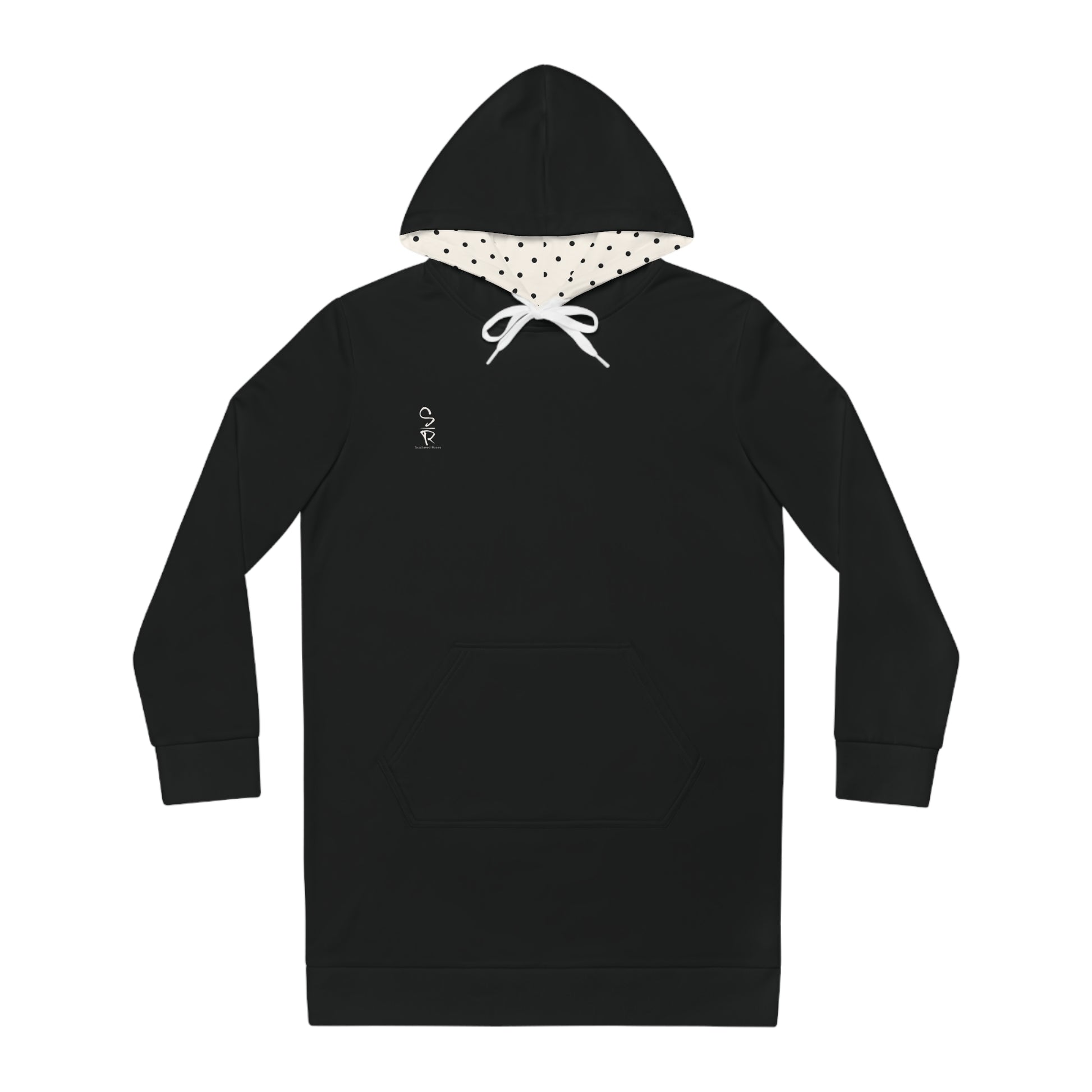Black hoodie with a red and white graphic on a white background