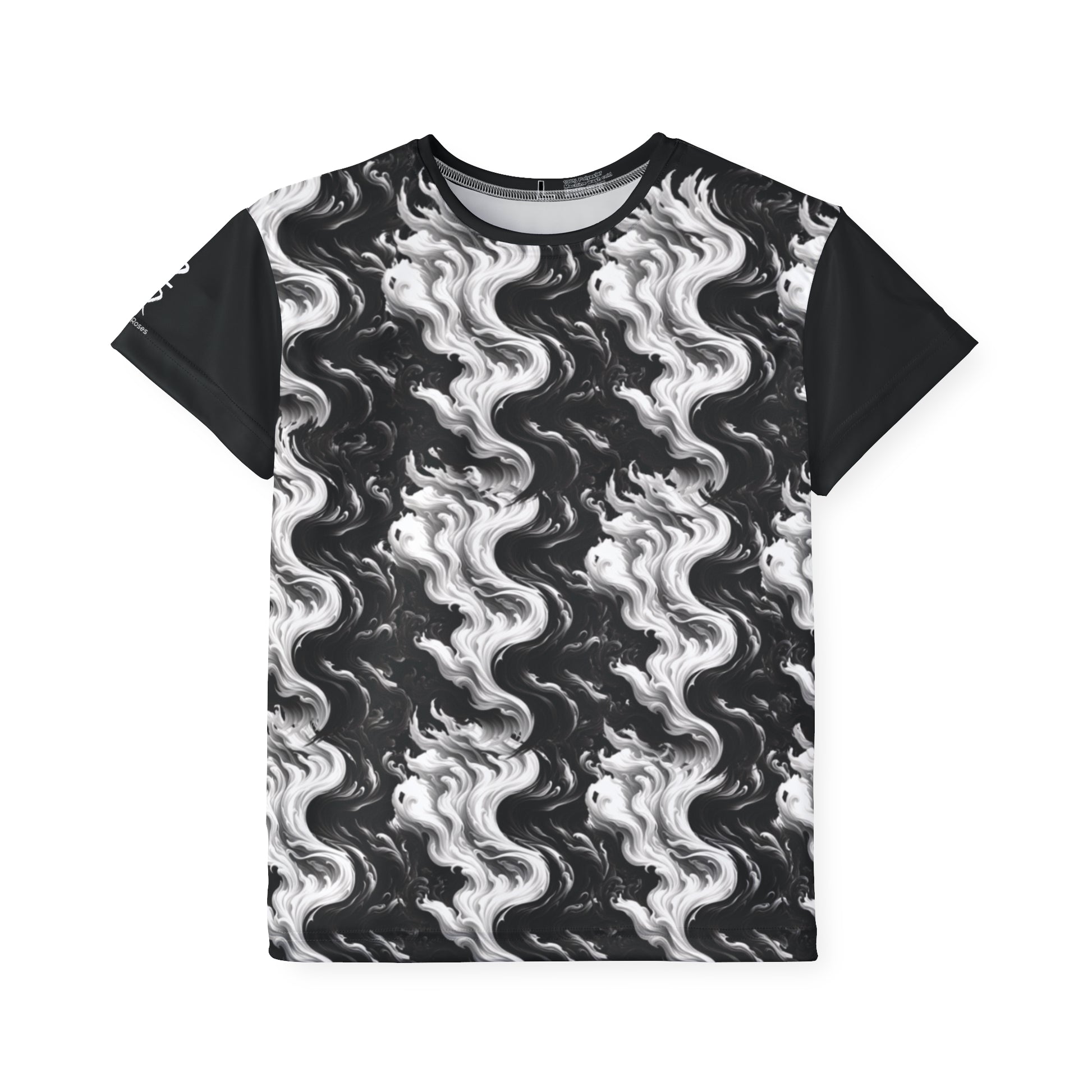 Black t-shirt with white wavy pattern on a white background