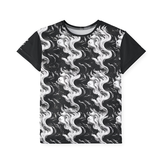 Black t-shirt with white wavy pattern on a white background