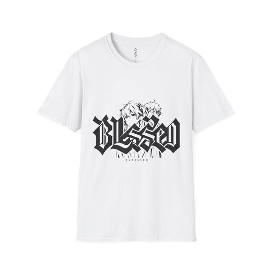 White t-shirt with black graphic design on a white background