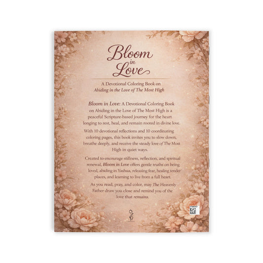 Devotional coloring book titled 'Bloom in Love' with floral design on cover