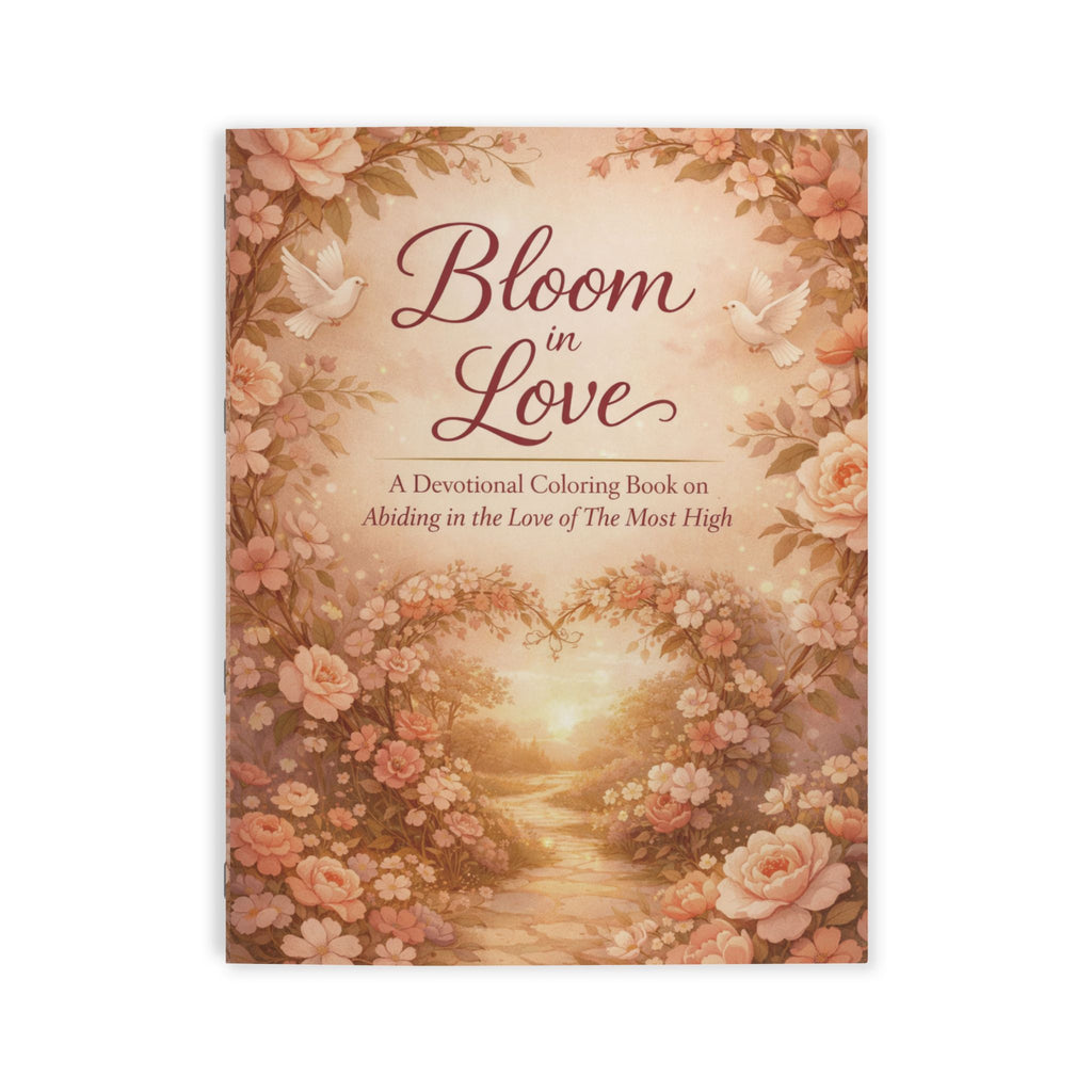 Coloring book cover titled 'Bloom in Love' with floral design and sunset scene.