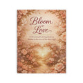 Coloring book cover titled 'Bloom in Love' with floral design and sunset scene.