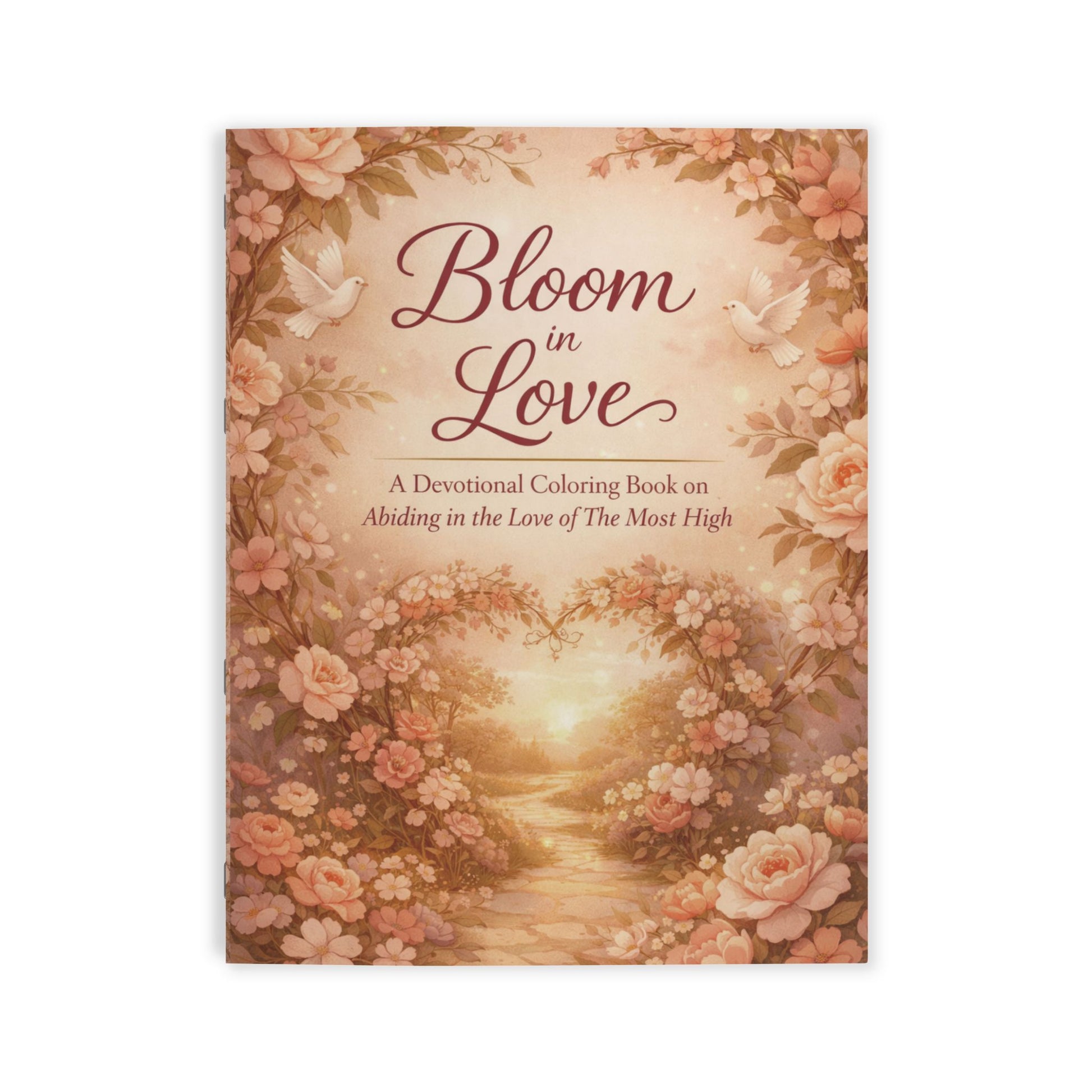 Coloring book cover titled 'Bloom in Love' with floral design and sunset scene.