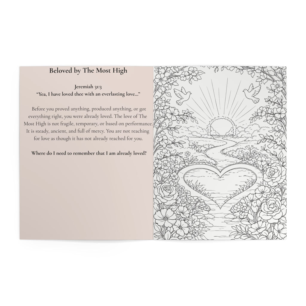 Coloring book page with heart design and text on a white background