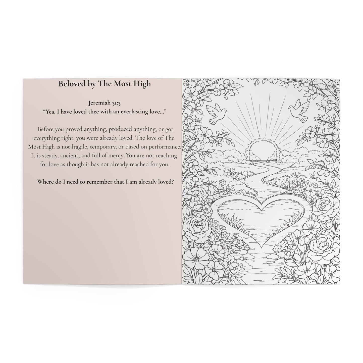 Coloring book page with heart design and text on a white background