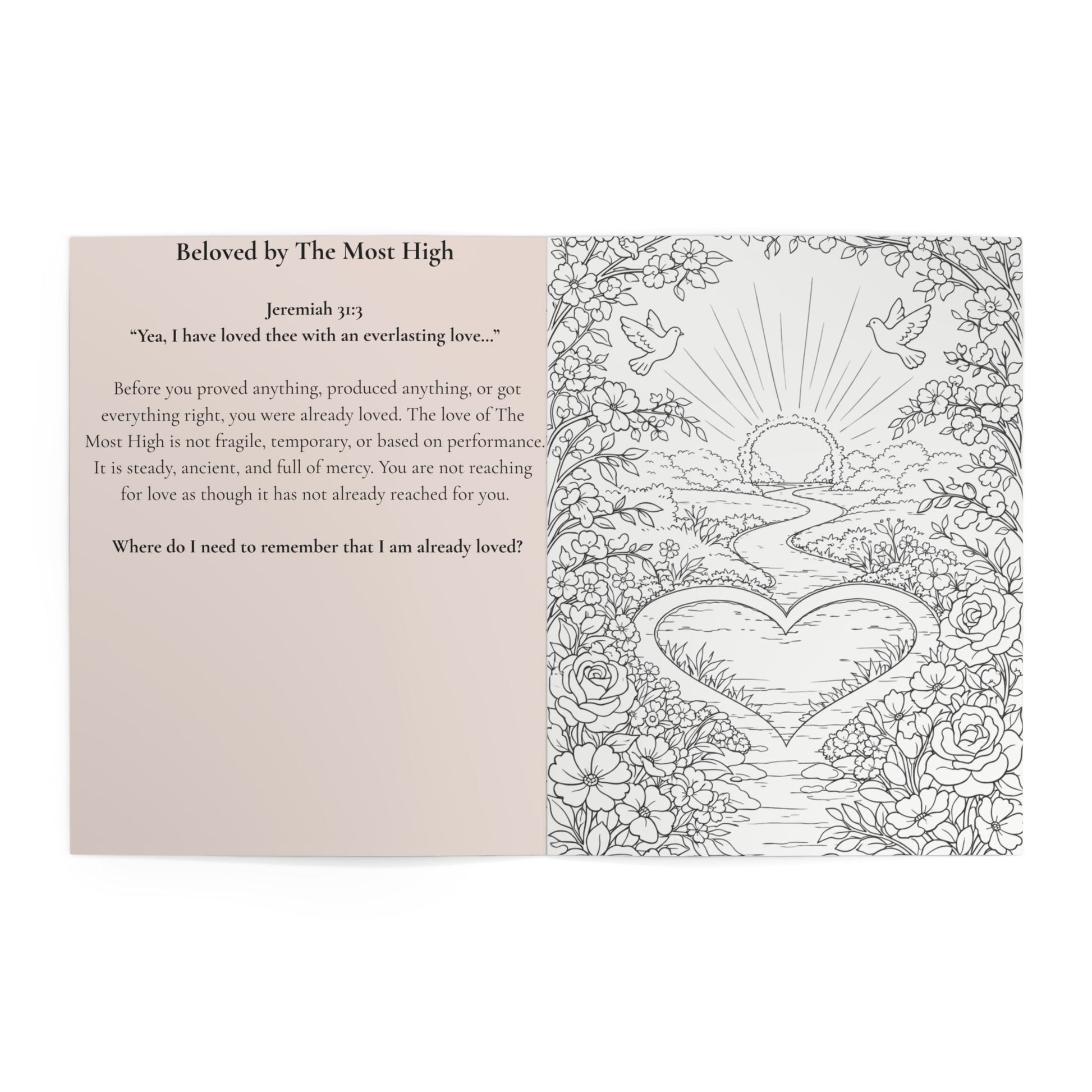 Coloring book page with heart design and text on a white background