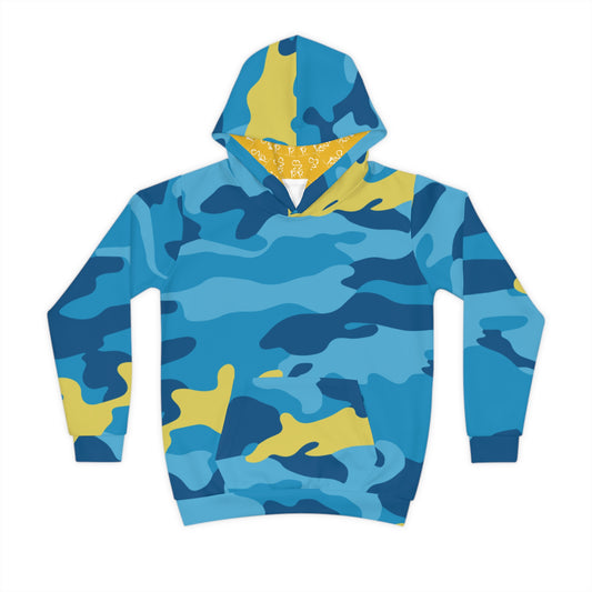 Blue and yellow camouflage hoodie on a white background