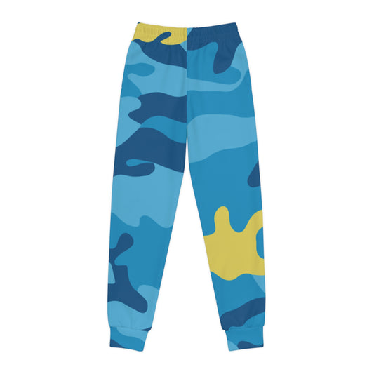Blue and yellow camouflage pants on a white background
