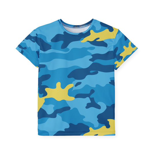 Blue and yellow camouflage t-shirt on a white background