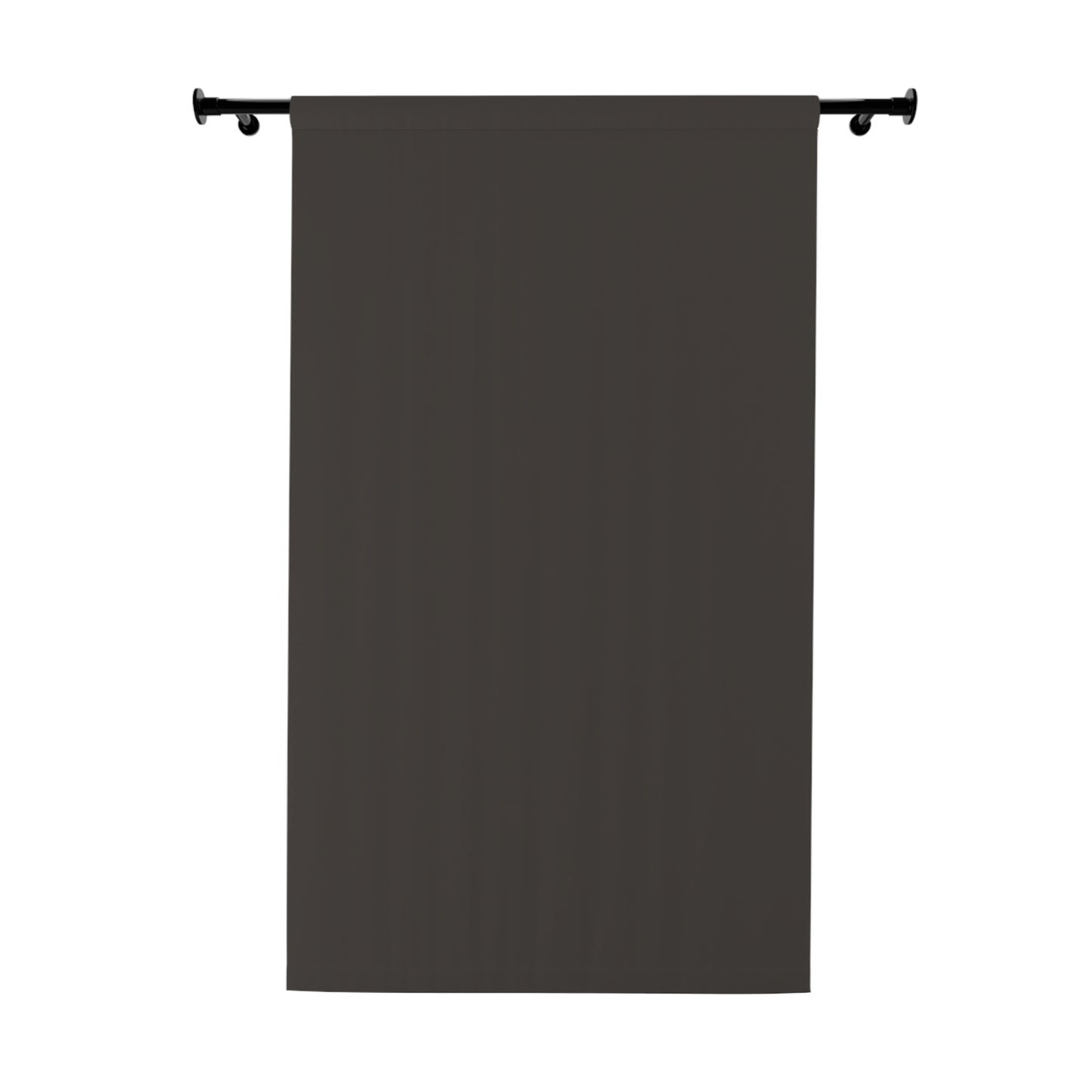 Dark gray curtain hanging on a rod against a white background