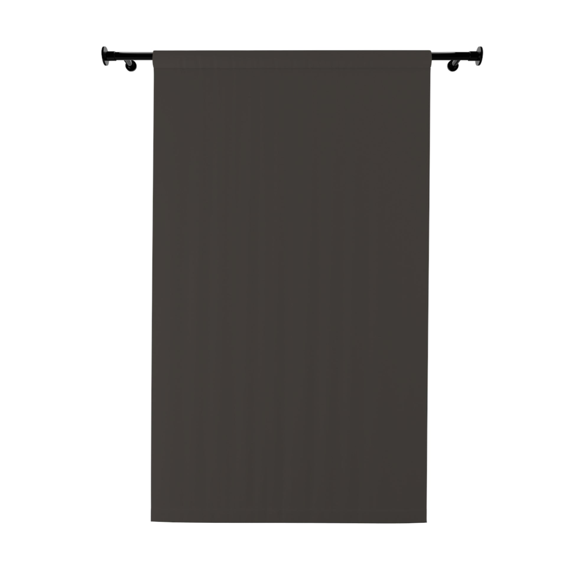 Dark gray curtain hanging on a rod against a white background