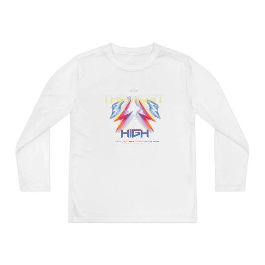 White long-sleeve shirt with colorful graphic design on a white background