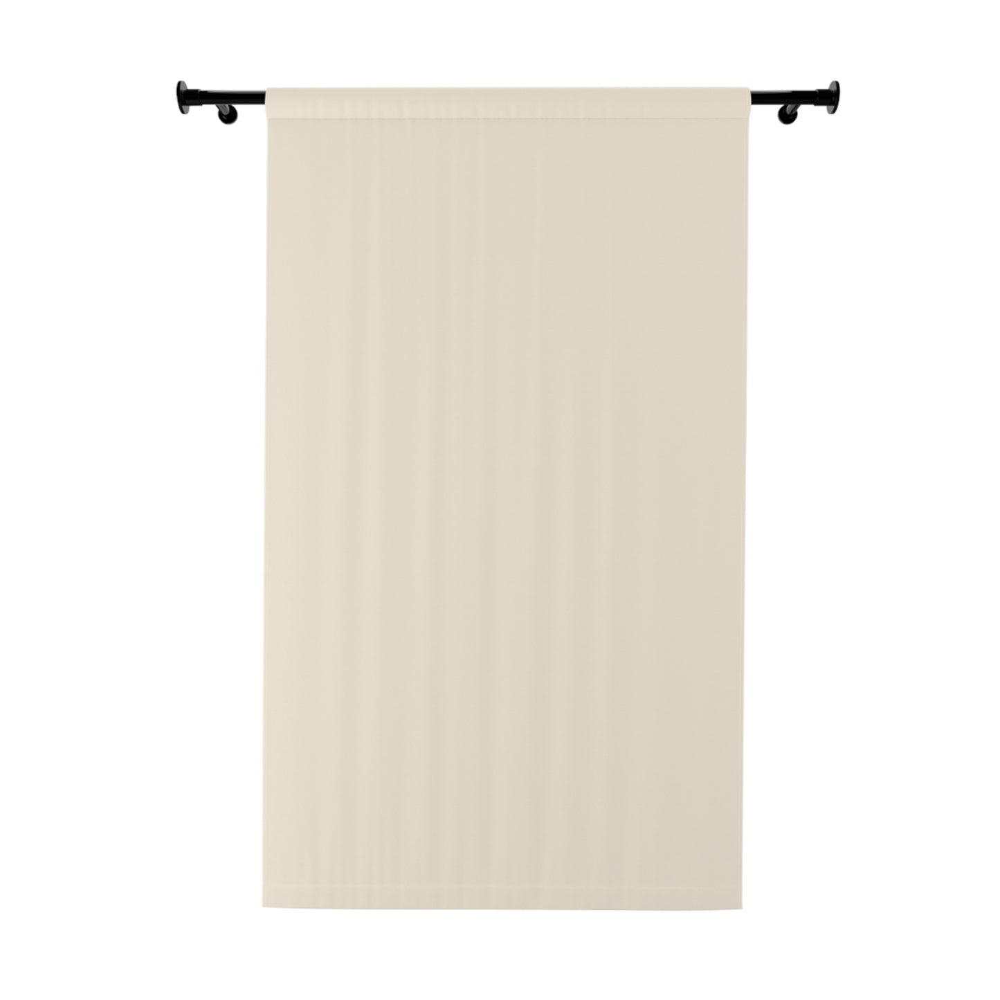 Beige towel hanging on a black rod against a white background