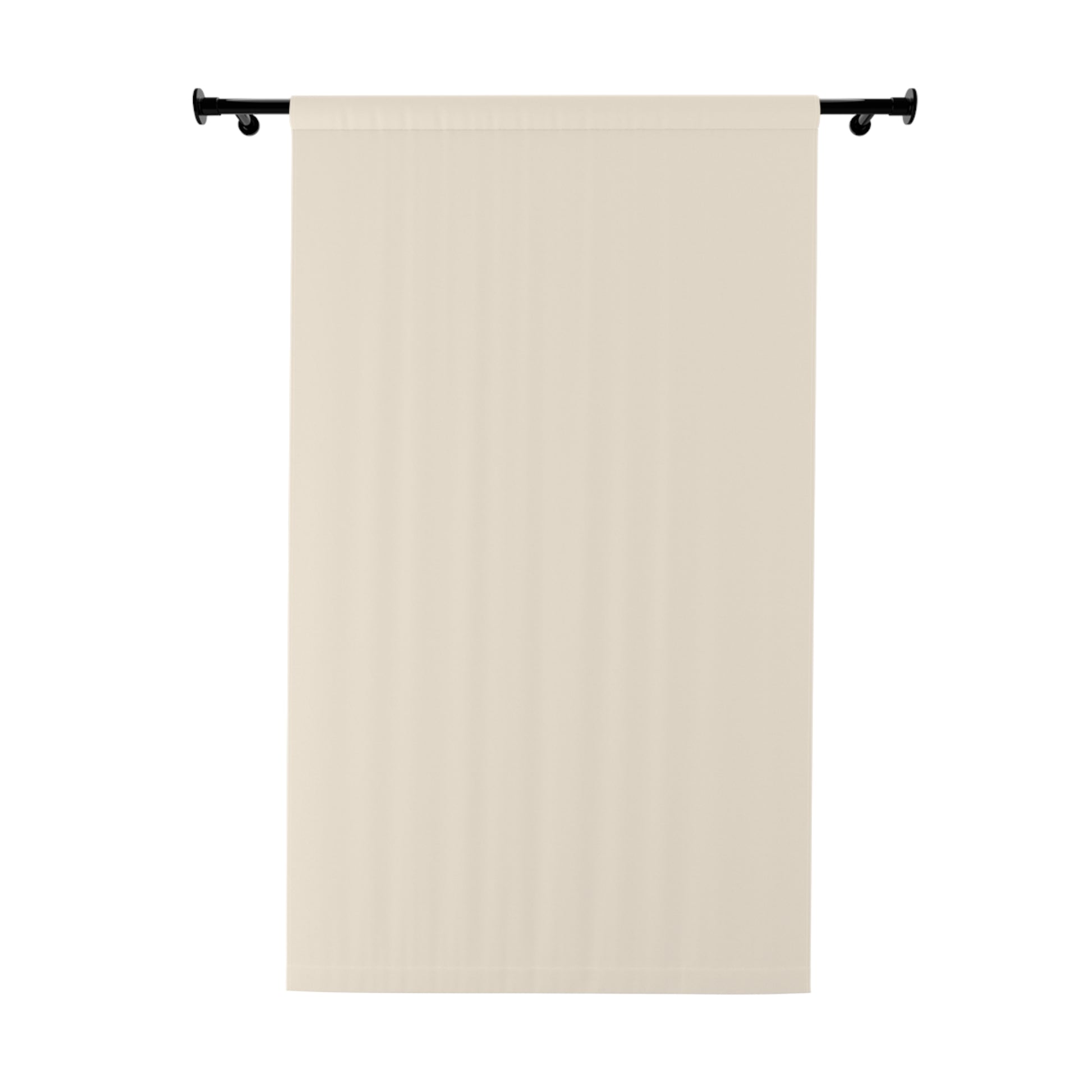 Beige towel hanging on a black rod against a white background