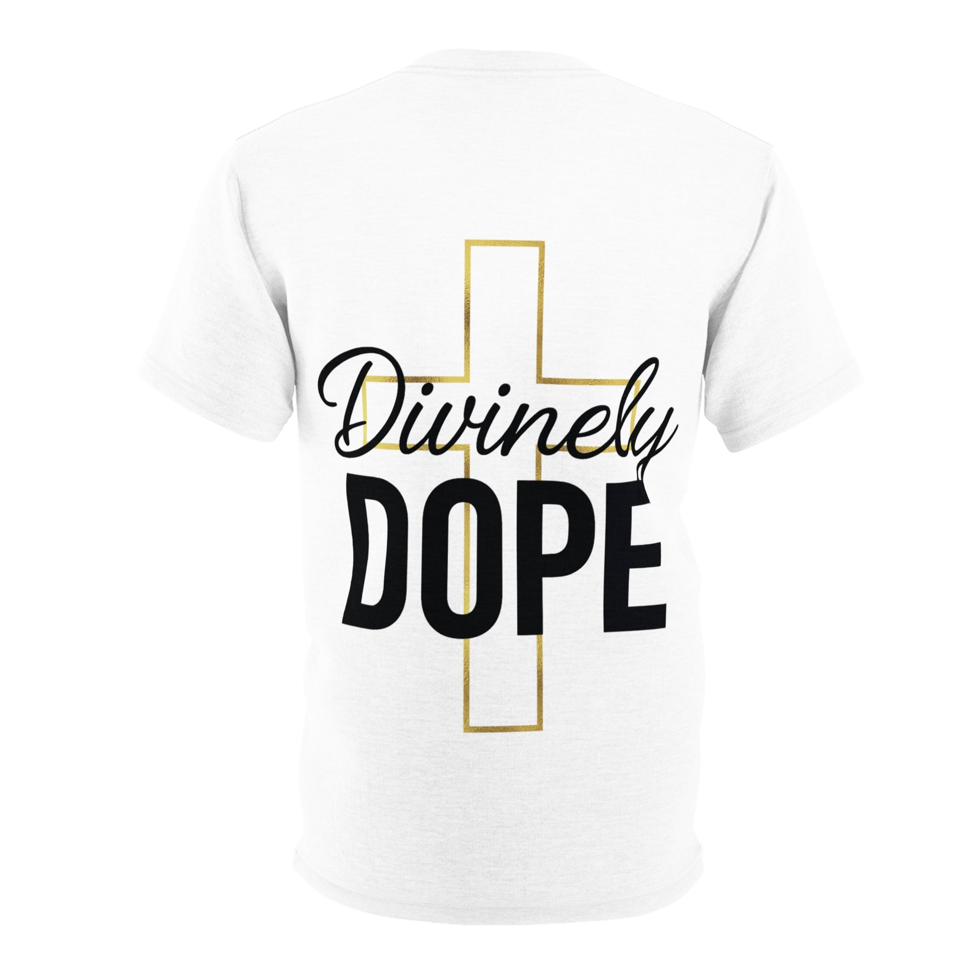 White t-shirt with 'Divinely Dope' text design on a white background