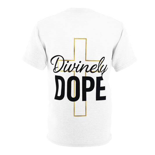 White t-shirt with 'Divinely Dope' text design on a white background