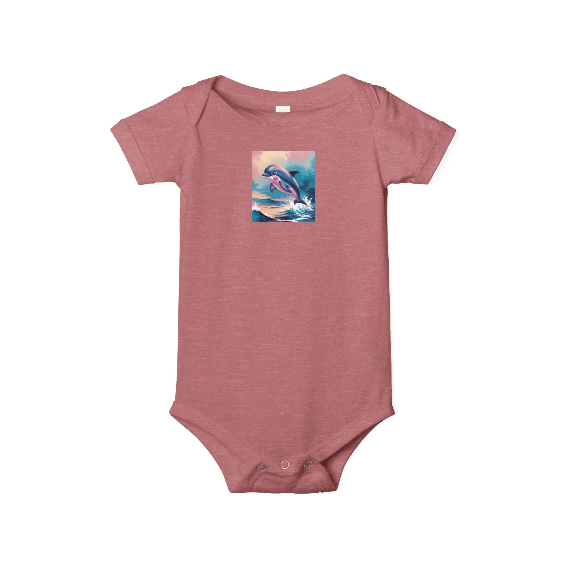 Pink baby onesie with a dolphin design on a white background