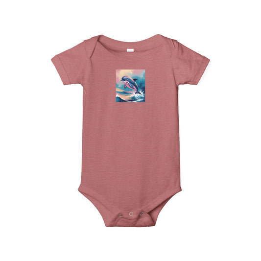 Pink baby onesie with a dolphin design on a white background