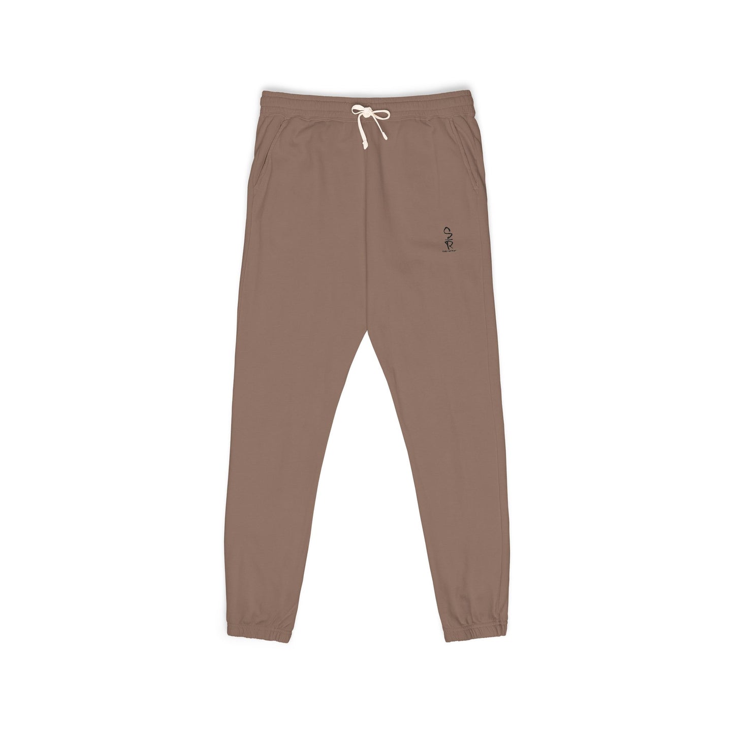 Brown sweatpants with a small logo on a white background