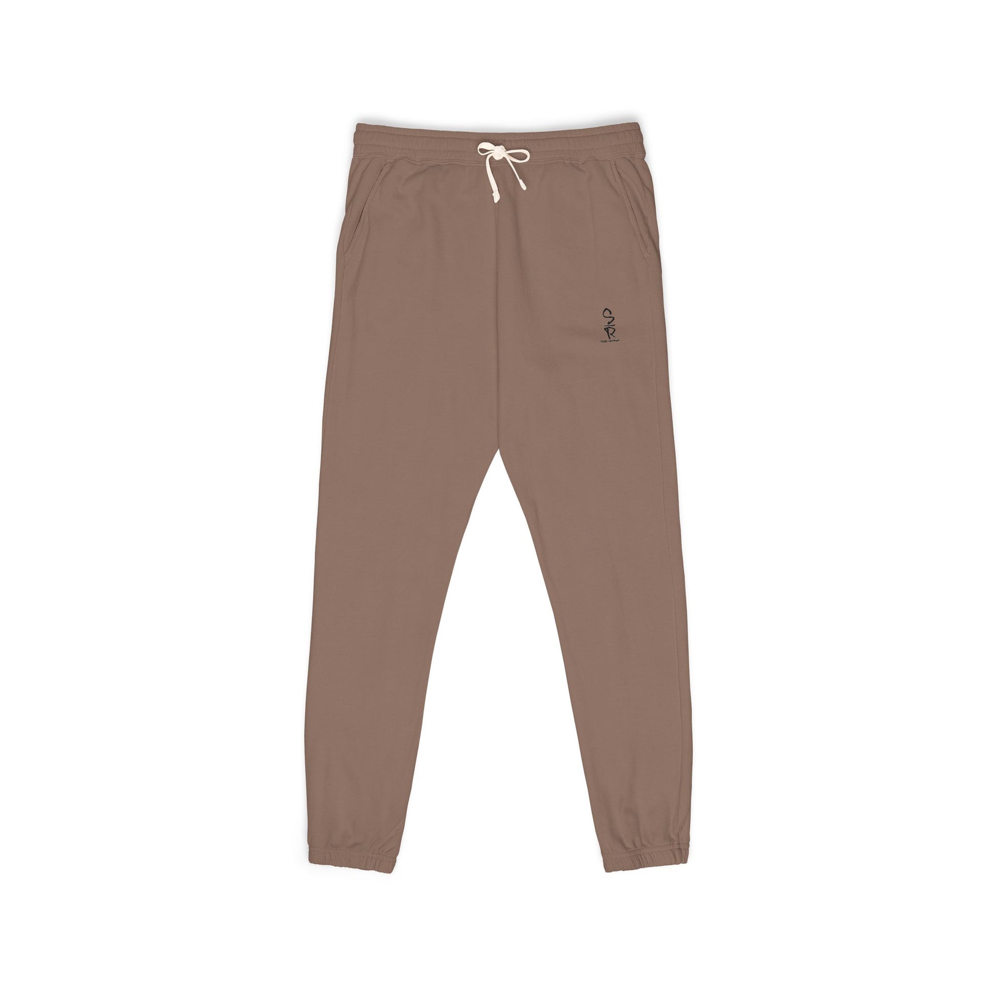 Brown sweatpants with a small logo on a white background