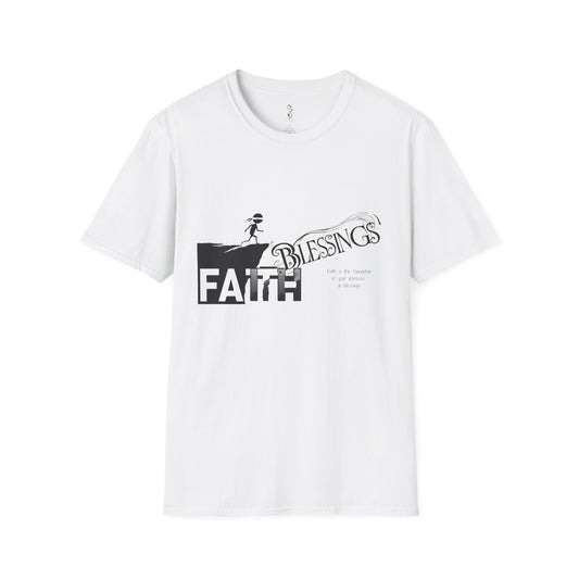 White t-shirt with 'Faith Blessings' graphic design on a white background