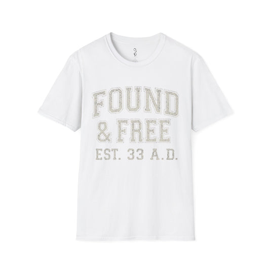 White t-shirt with 'Found & Free Est. 33 A.D.' text on a white background