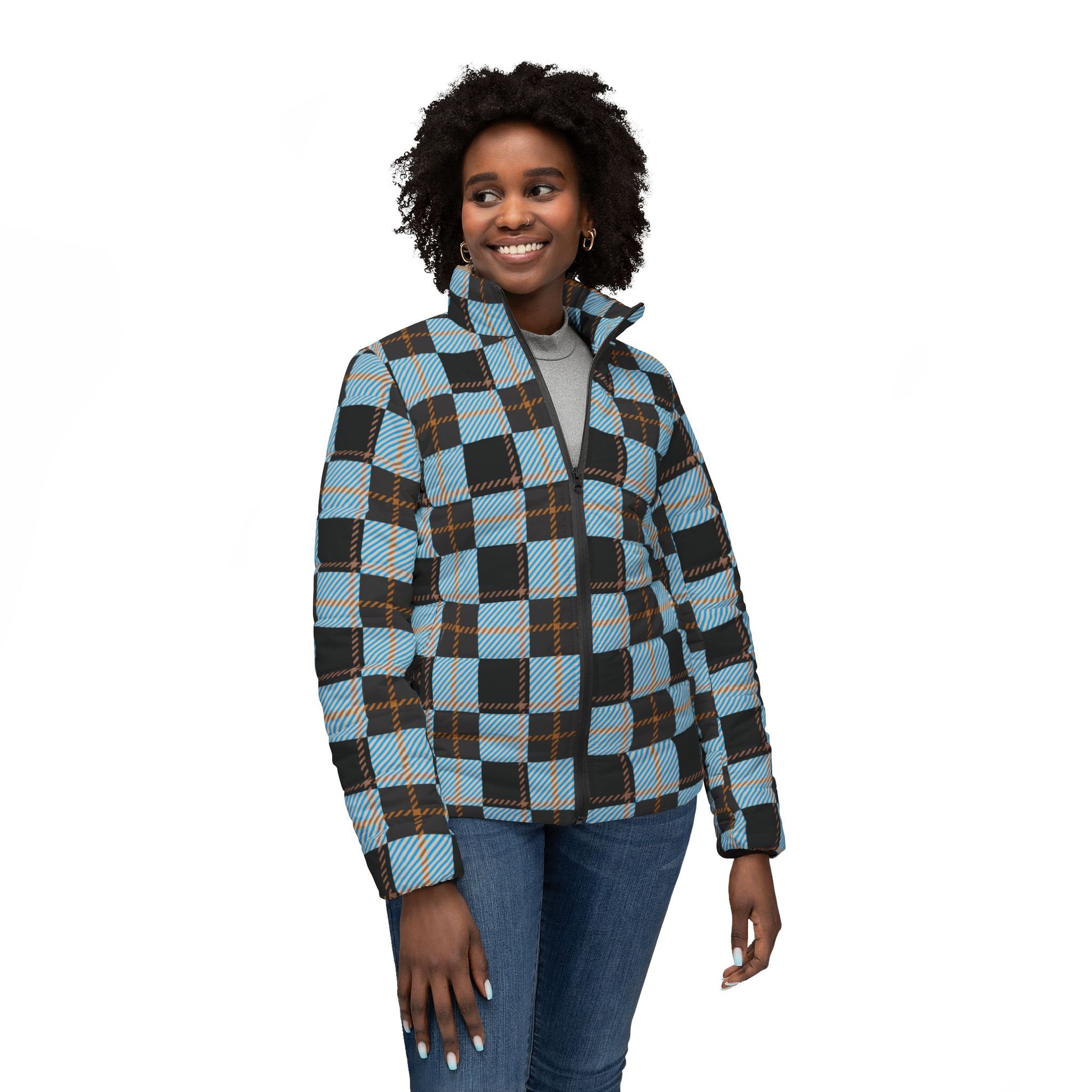 Woman wearing a plaid jacket on a white background