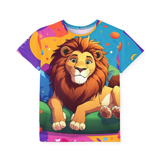 Colorful t-shirt with a cartoon lion design on a white background