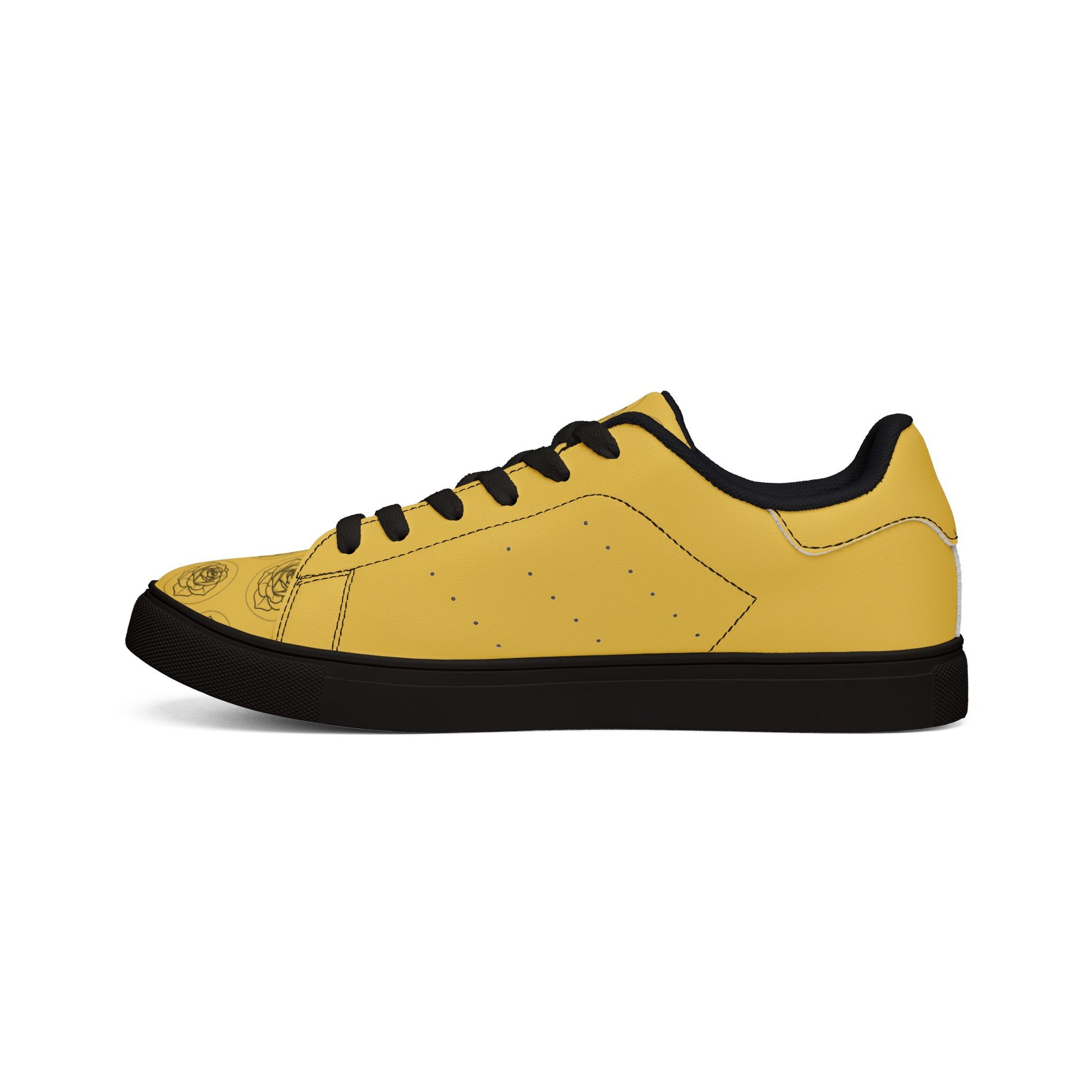 Yellow sneaker with black accents on a white background