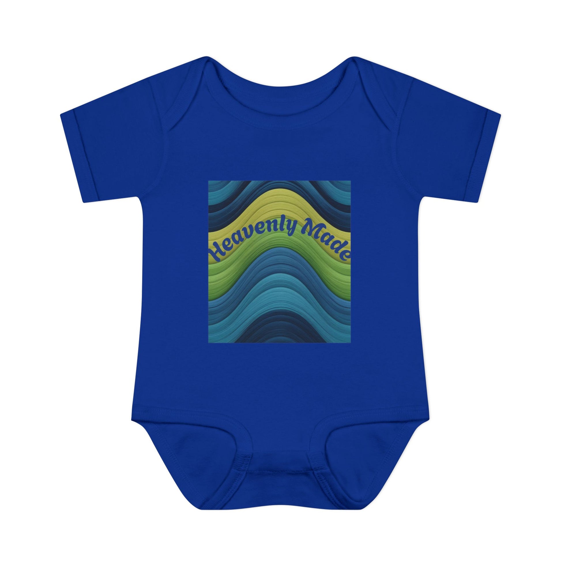 Blue baby onesie with colorful design and 'Heavenly Made' text on a white background
